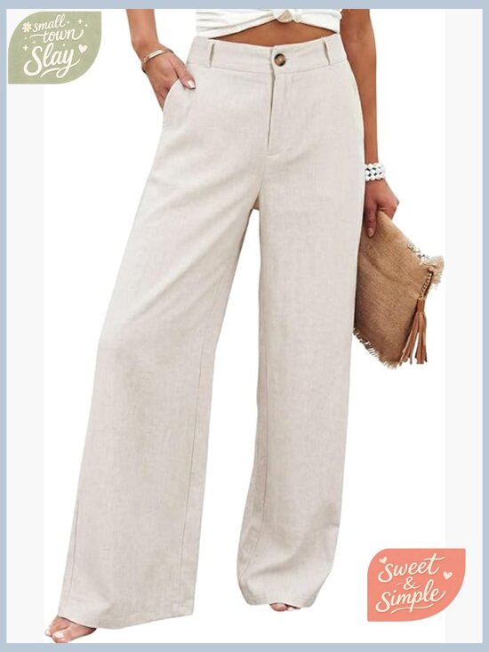 Pants - High Waisted Wide Leg Linen Pants Casual Button Up Trousers